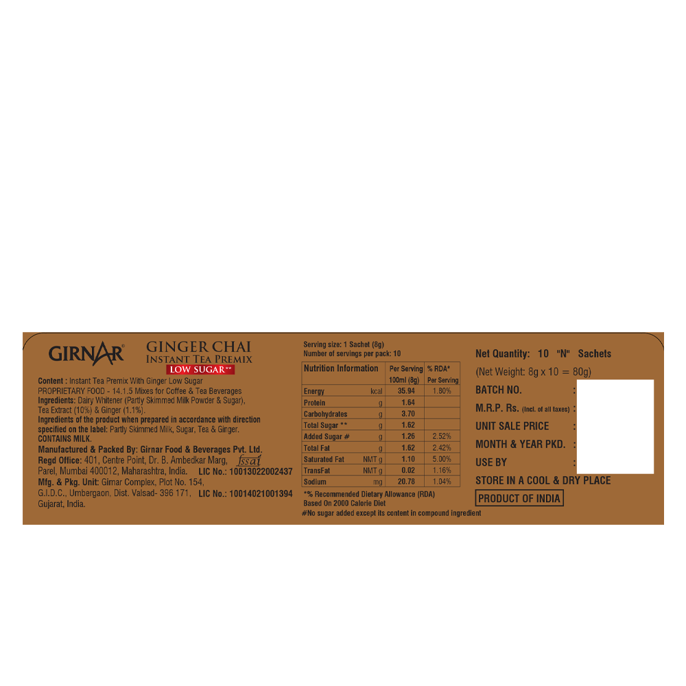 Girnar Instant Tea Premix With Ginger (Low Sugar)