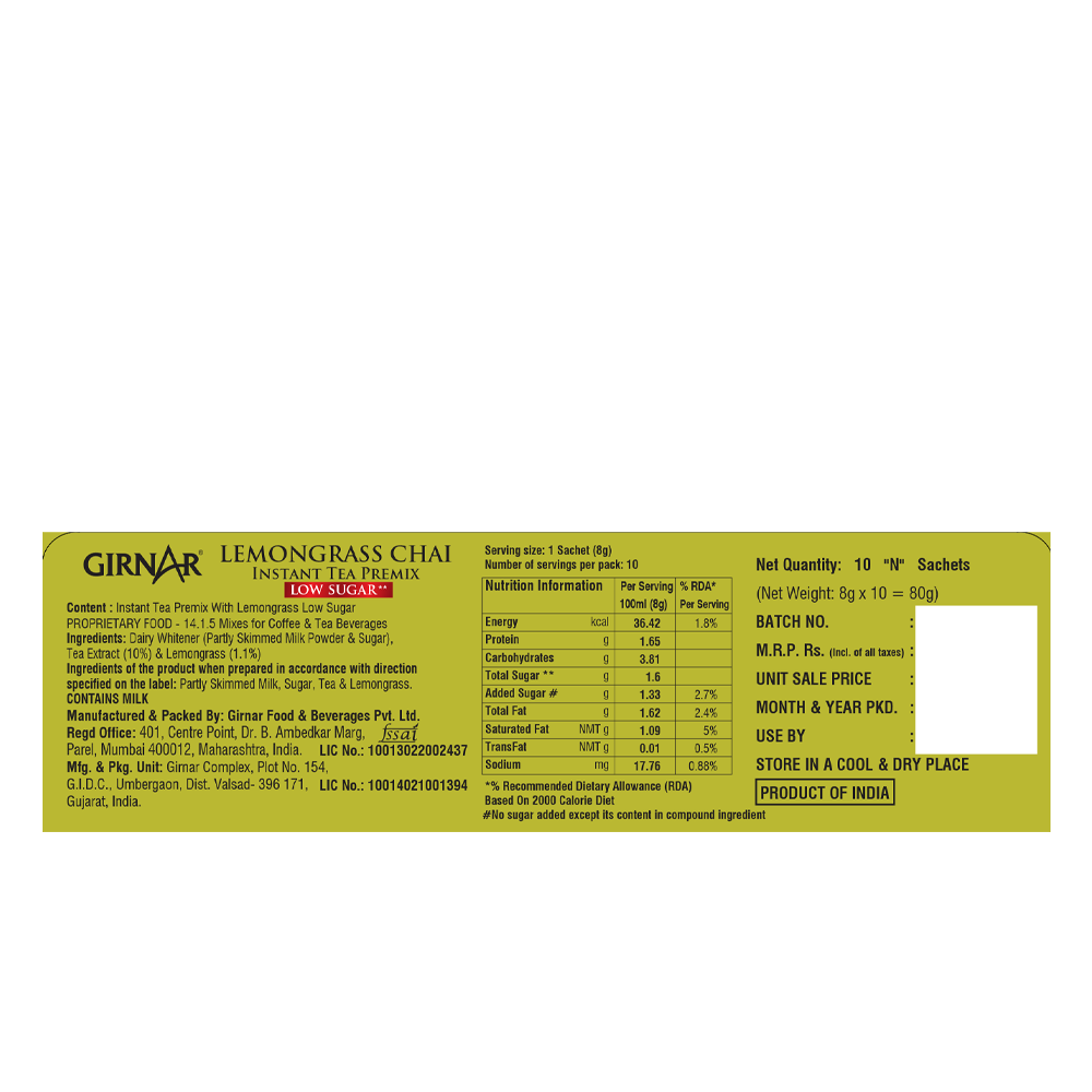 Girnar Instant Tea Premix With Lemongrass (Low Sugar)